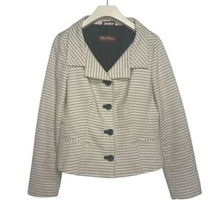 MaxMara Studio Blazer Jacket Womens 12 Cream/Black Buttons V-Neck Made in Italy